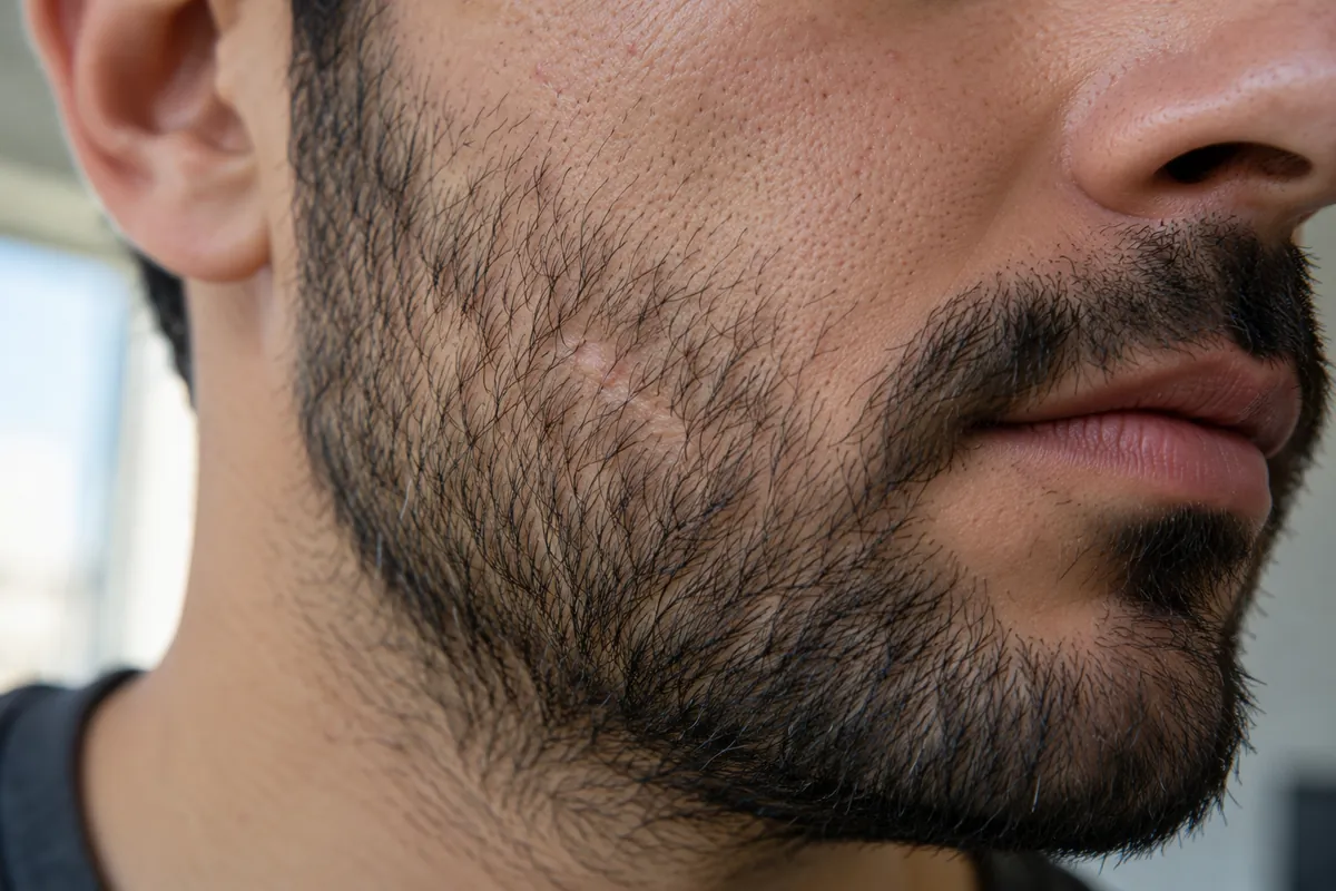 اسکار کوتاه ترمیمشده در ناحیه ریش صورت
