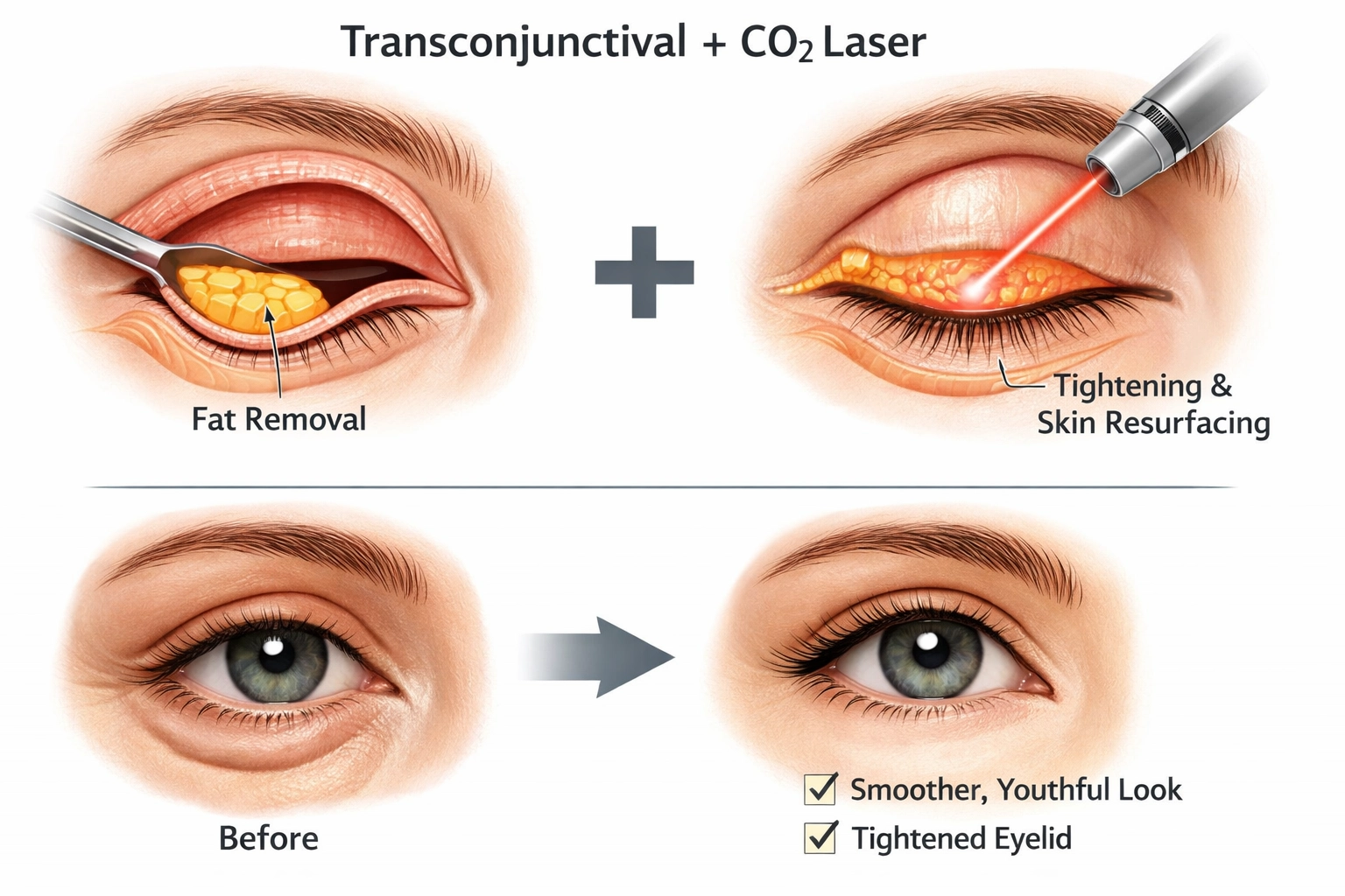 بلفاروپلاستی بدون برش خارجی با روش ترانسکانژکتیوال و لیزر CO2، جوانسازی چشم بدون جای زخم، با ماندگاری بالا و دوره نقاهت کوتاه.